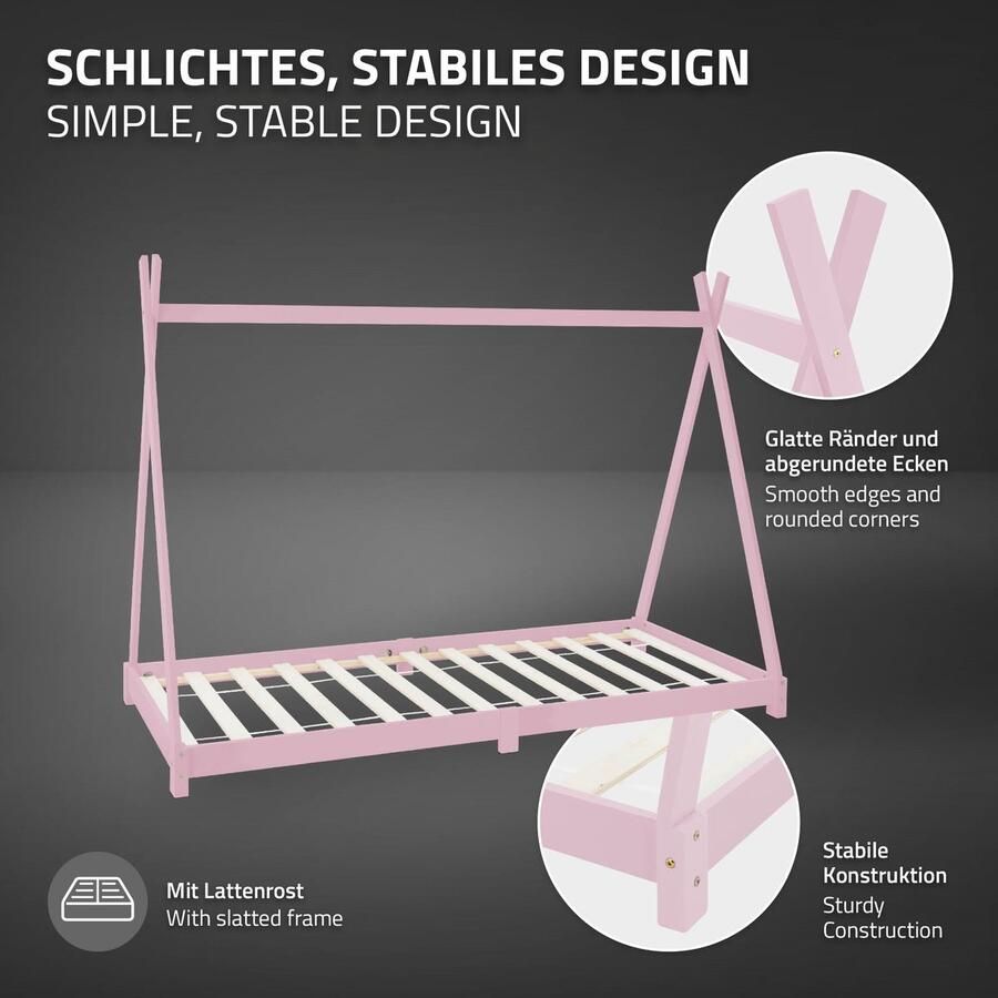 Ml-design Kinderbed Tipi 90x200 cm roze van grenenhout incl. matras H-16cm houten bed met lattenbodem