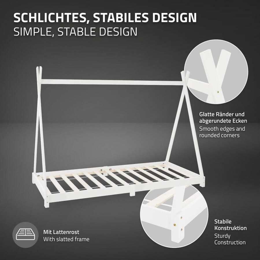 Ml-design Kinderbed Tipi 90x200 cm wit gemaakt van grenenhout incl. matras H-10cm houten bed met lattenbodem