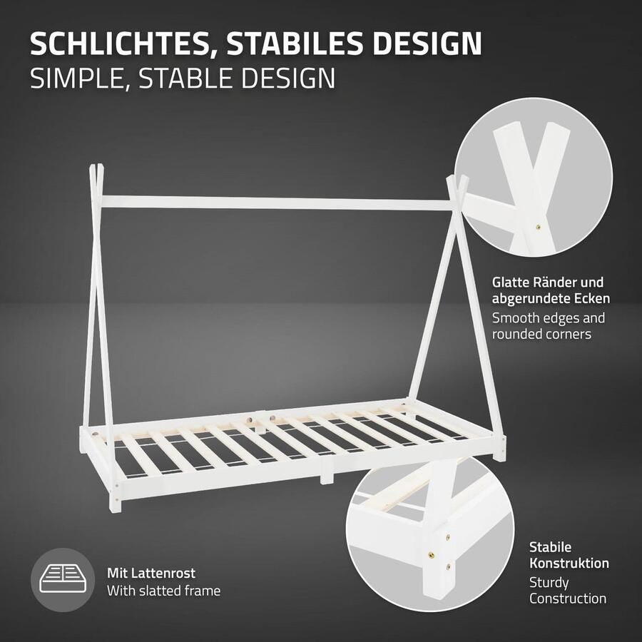 Ml-design Kinderbed Tipi 90x200 cm wit gemaakt van grenenhout incl. matras H-16cm houten bed met lattenbodem - Foto 2