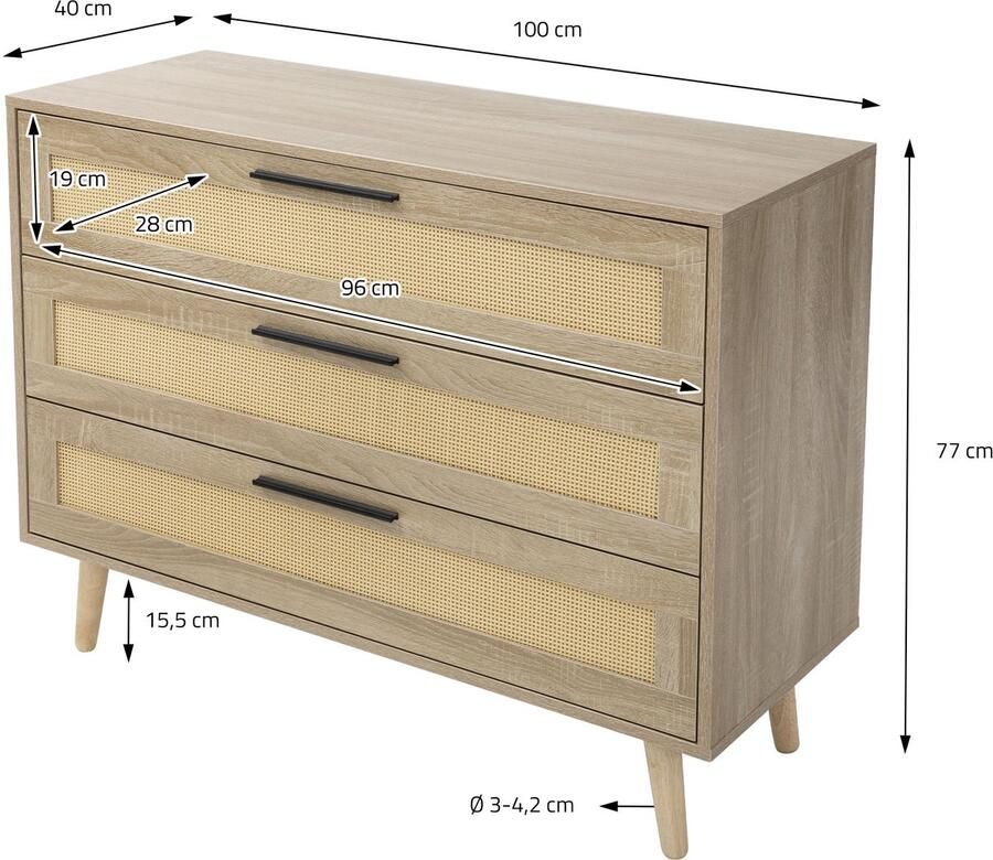 Ml-design Ladekast Dressoir met 3 laden 100x77x40 cm eiken-look met rotan front en massief houten poten