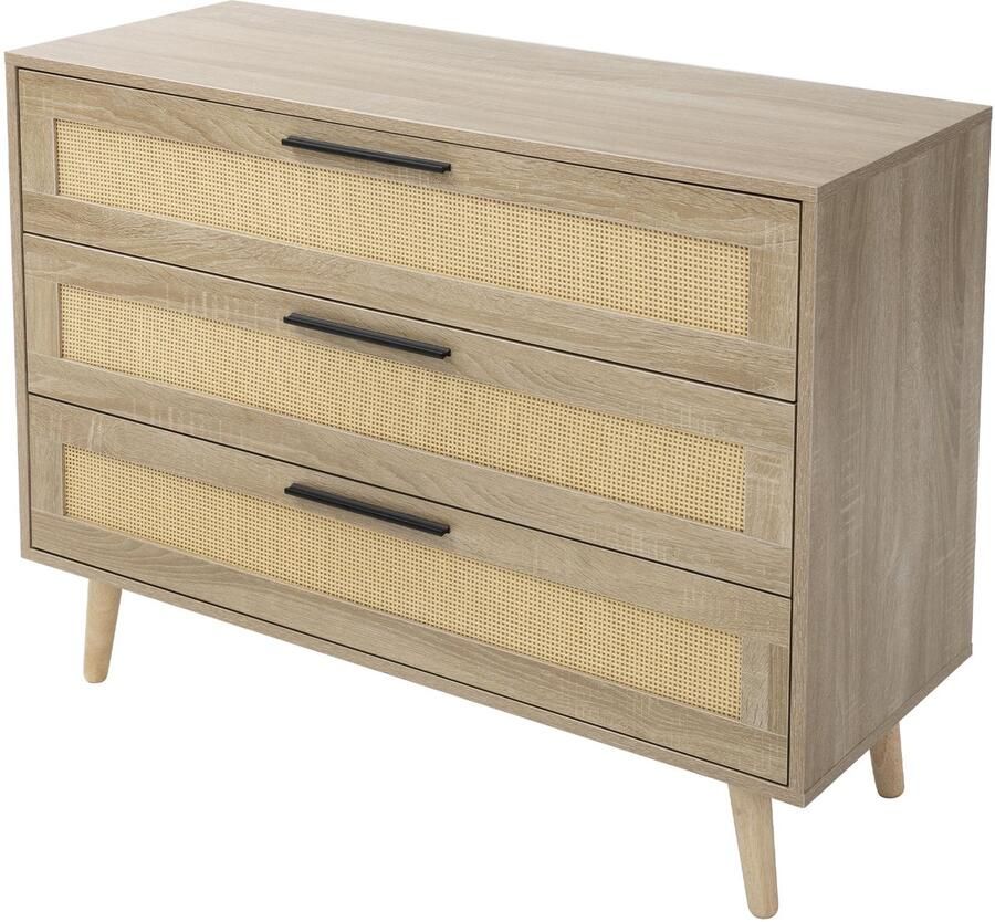 Ml-design ladekast met 3 lades 100 x 77 x 40 cm eiken uitstraling dressoir met rotan front en robuuste houten poten buffetkast opbergmeubel voor de woonkamer en gang Ideaal voor extra opbergruimte - Foto 2