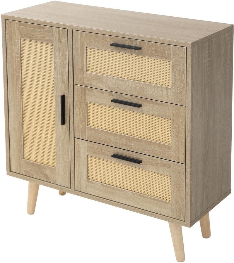 Ml-design Ladekast Dressoir met soft-close deur & 3 lades 74x76x30 cm eiken-look met rotan front