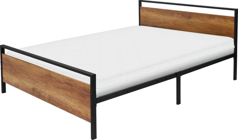Ml-design Metalen bed 140x200 cm incl. matras H:16cm zwart bruin Bedframe 208 x 50 5 80 5 x 144 cm met houten hoofdbord & voeteneind