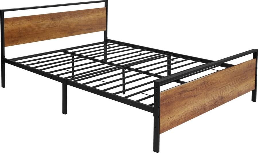 Ml-design metalen bed 140x200 cm met lattenbodem bedframe met houten hoofdbord en voeteneind zwartbruin staal rustiek bedframe bed voor slaapkamer gastenkamer tweepersoonsbed eenpersoonsbed