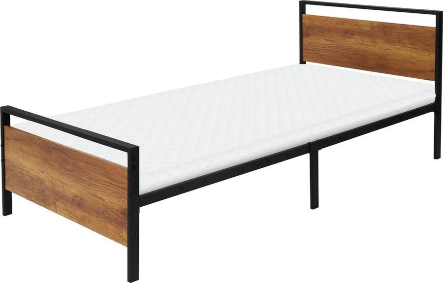 Ml-design Metalen bed 90x200 cm incl. matras H:10cm zwart bruin Bedframe 208 x 50 5 80 8 x 94 cm met houten hoofdbord & voeteneind - Foto 3