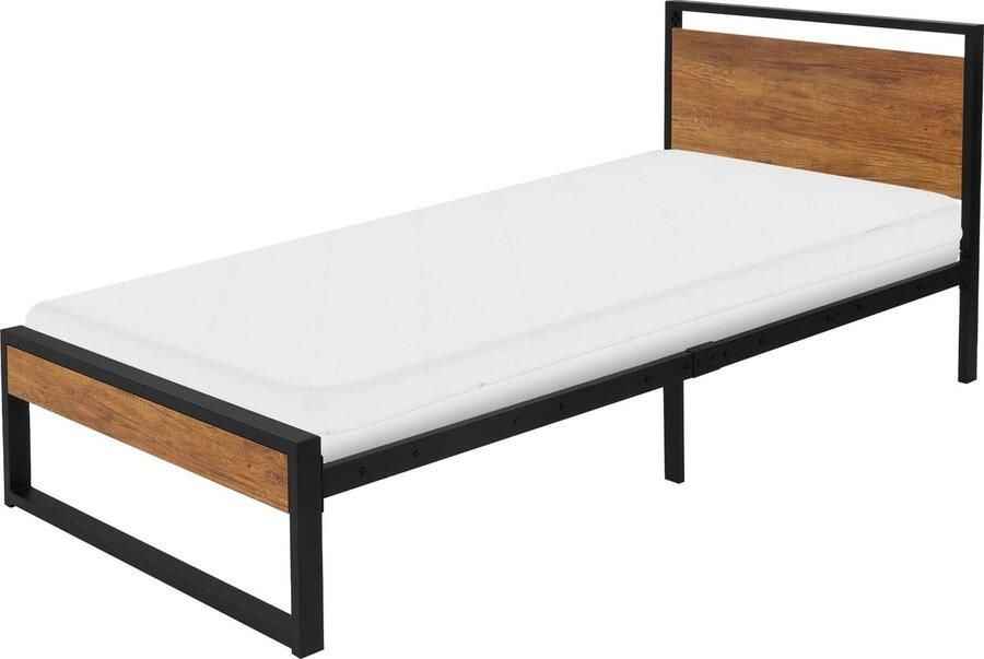 Ml-design metalen bed 90x200 cm met matras H:16 cm & lattenbodem bedframe met houten hoofdbord en voeteneind zwartbruin staal bedframe voor slaapkamer gastenkamer eenpersoonsbed logeerbed