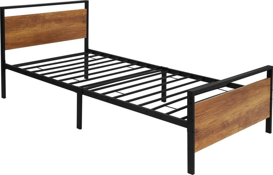 Ml-design metalen bed 90x200 cm met lattenbodem bedframe met houten hoofdbord en voeteneind zwartbruin staal rustiek bedframe bed voor slaapkamer gastenkamer eenpersoonsbed logeerbed jeugdbed - Foto 2