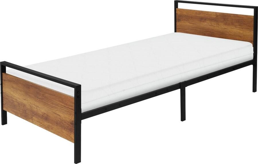 Ml-design metalen bed 90x200 cm met matras H:16 cm & lattenbodem bedframe met houten hoofdbord en voeteneind zwartbruin staal bedframe voor slaapkamer gastenkamer eenpersoonsbed logeerbed jeugdbed - Foto 2