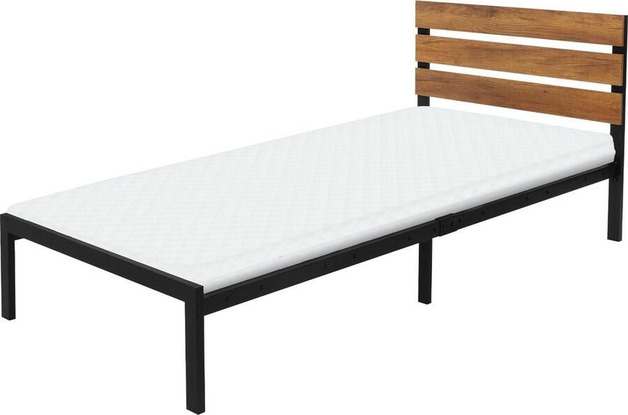 Ml-design Metalen bed 90x200 cm incl. matras H:10cm zwart bruin Bedframe 208 x 50 5 80 8 x 94 cm met houten hoofdbord & voeteneind - Foto 4