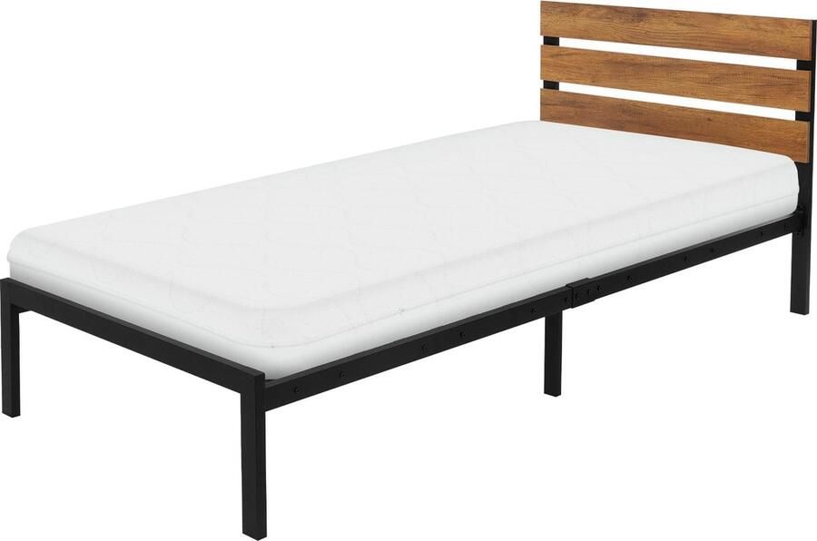 Ml-design metalen bed 90x200 cm met matras H:16 cm en lattenbodem bedframe met houten hoofdeinde zwartbruin staal bed bedframe voor slaapkamer gastenkamer eenpersoonsbed logeerbed jeugdbed - Foto 2