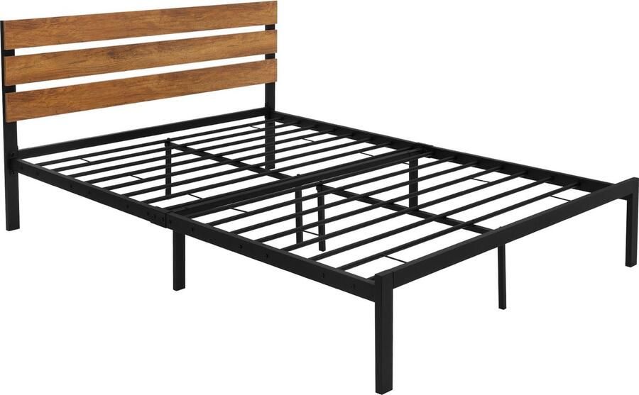 Ml-design metalen bed 140x200 cm met lattenbodem bedframe met houten hoofdeinde zwartbruin staal rustiek bedombouw bed voor slaapkamer gastenkamer eenpersoonsbed tweepersoonsbed logeerbed