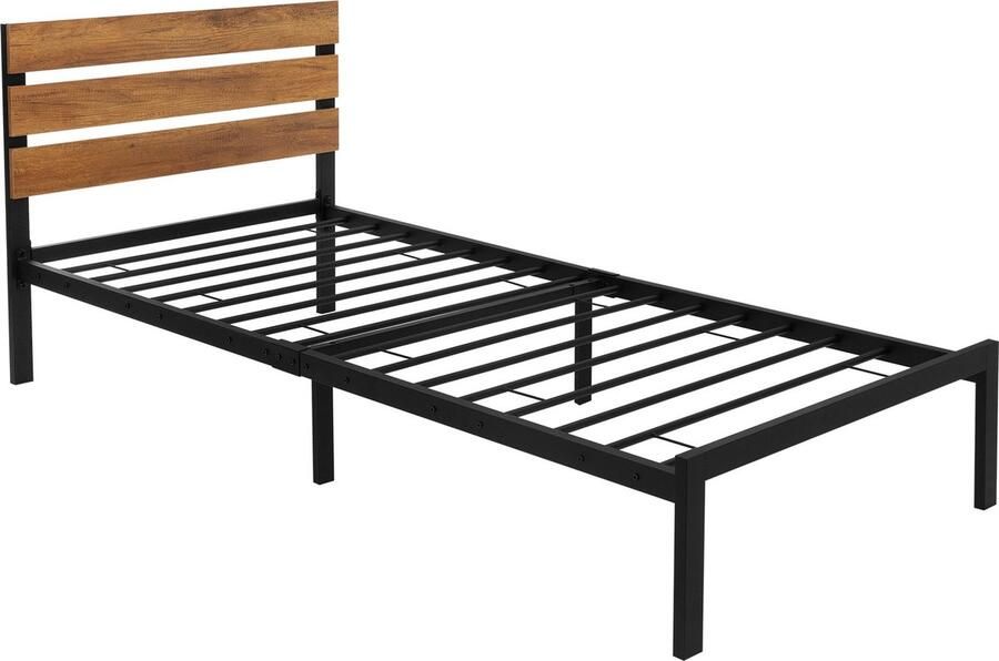 Ml-design metalen bed 90x200 cm met lattenbodem bedframe met houten hoofdeinde zwartbruin gemaakt van staal rustiek stevig bedframe bed voor slaapkamer gastenkamer eenpersoonsbed logeerbed - Foto 2