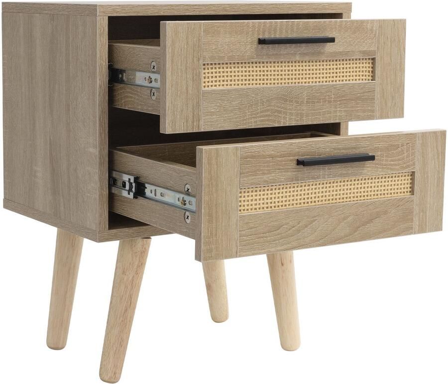 Ml-design Nachtkastje 40x50 5x30 cm eikenlook bijzettafel met 2 laden en rotan front & massief houten poten