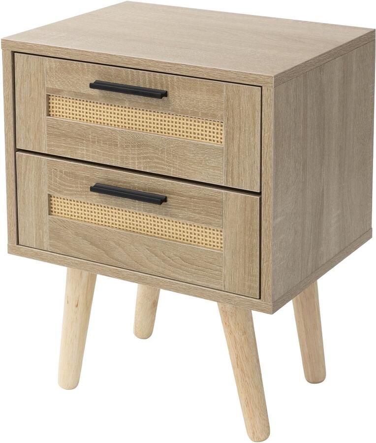Ml-design Nachtkastje 40x50 5x30 cm eikenlook bijzettafel met 2 laden en rotan front & massief houten poten - Foto 2
