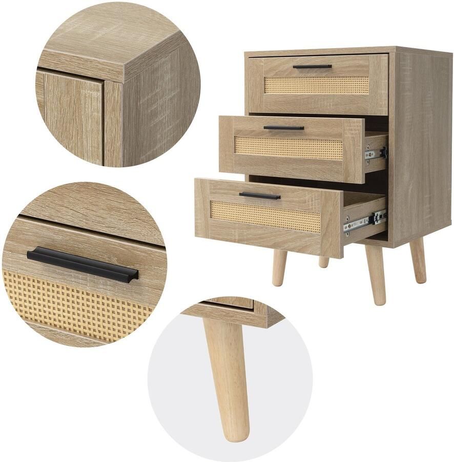 Ml-design Nachtkastje 45x34x63 cm eiken bijzettafel met 3 laden en rotan front & massief houten poten