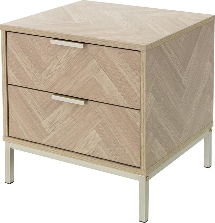 Ml-design Nachtkastje met 2 laden 45 cm eiken-look met visgraatmotief Ladekast met stalen frame