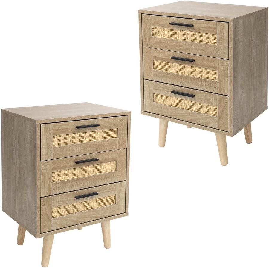 Ml-design Nachtkastje set van 2 45x34x63 cm eiken bijzettafel met 3 laden en rotan front & massief houten poten