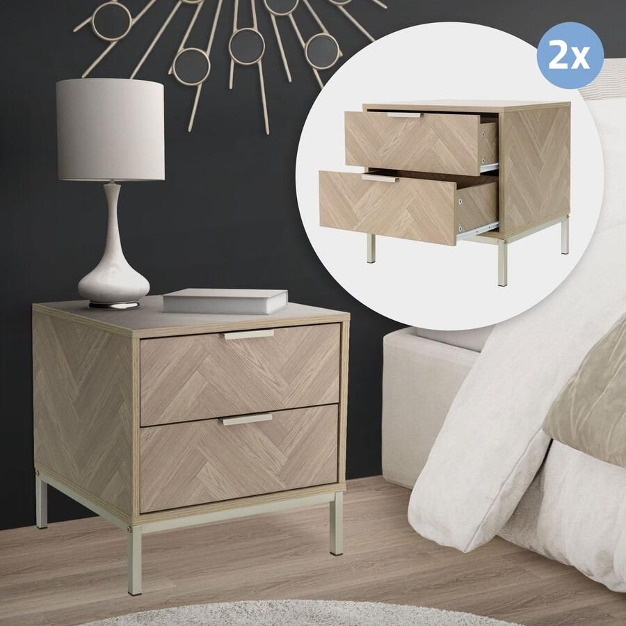 Ml-design Nachtkastje set van 2 met 2 laden 45 cm eiken-look met visgraatmotief ladekast met stalen frame - Foto 2