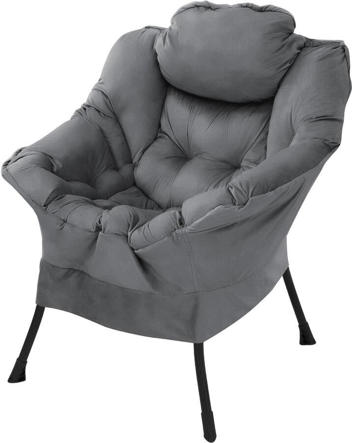 Ml-design Relax fauteuil antraciet met armleuningen en dik hoofdkussen en metalen frame Loungestoel tot 120 kg