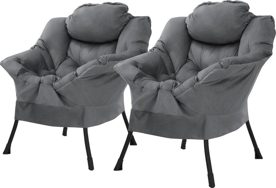 Ml-design Relax fauteuil antraciet set van 2 met armleuningen en dik hoofdkussen en metalen frame Loungestoel tot 120 kg