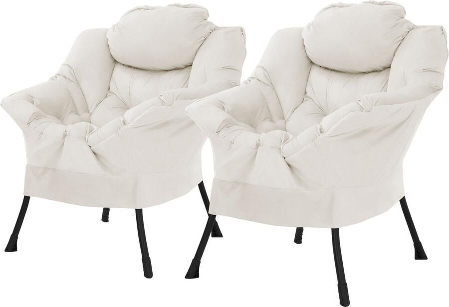 Ml-design Relax fauteuil crème set van 2 met armleuningen en dik hoofdkussen en metalen frame Loungestoel tot 120 kg