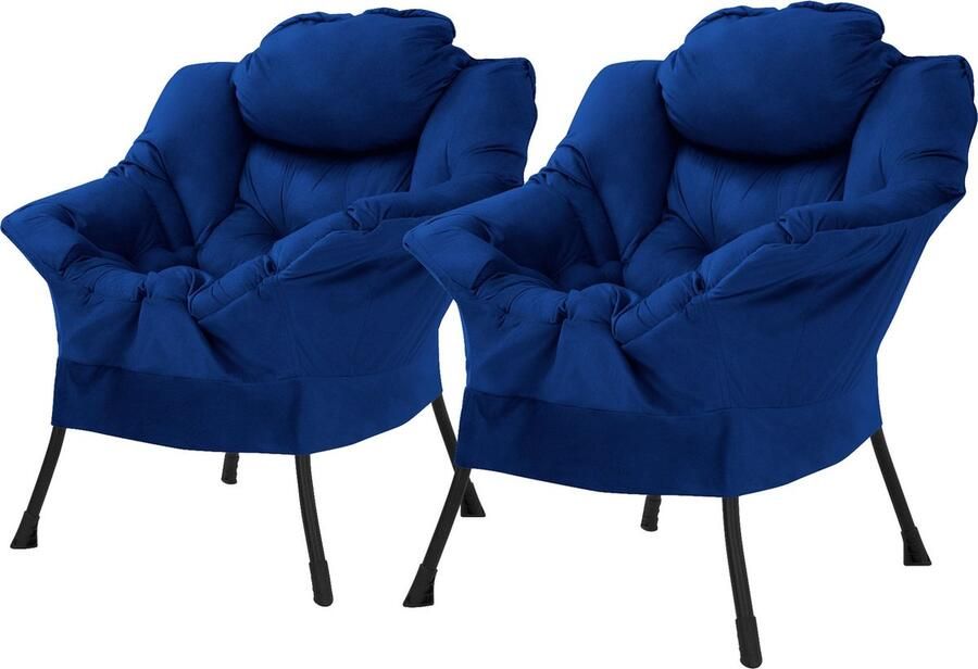 Ml-design Relax fauteuil donkerblauw set van 2 met armleuningen en dik hoofdkussen en metalen frame Loungestoel tot 120 kg