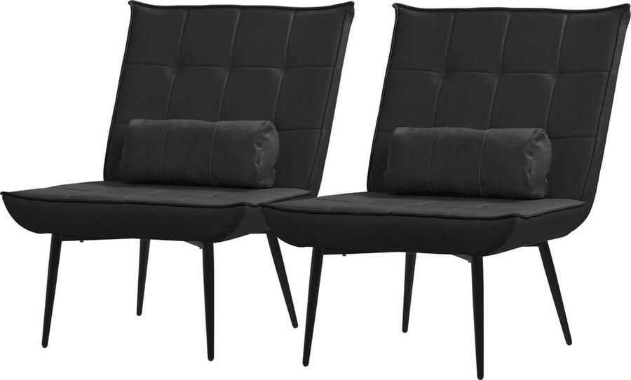 Ml-design Relax fauteuil set van 2 zwart met bolster PU lederen bekleding met metalen poten