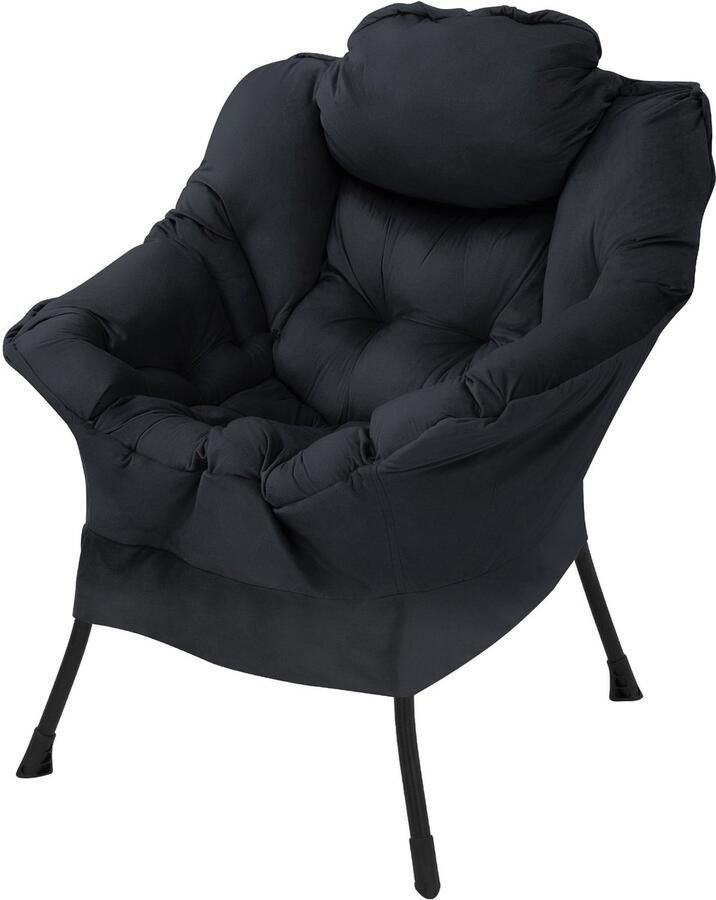 Ml-design Relax fauteuil zwart met armleuningen en dik hoofdkussen en metalen frame Loungestoel tot 120 kg