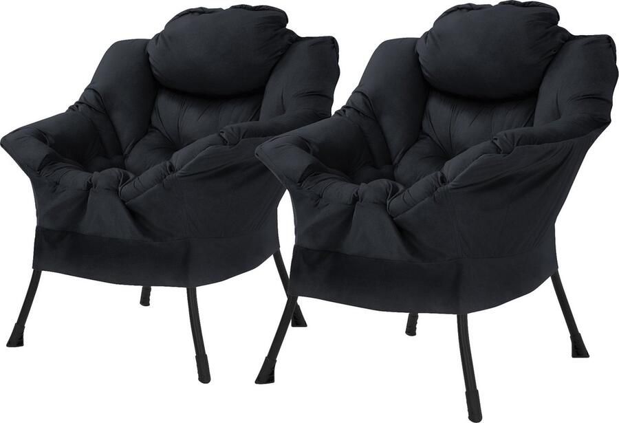 Ml-design Relax fauteuil zwart set van 2 met armleuningen en dik hoofdkussen en metalen frame Loungestoel tot 120 kg
