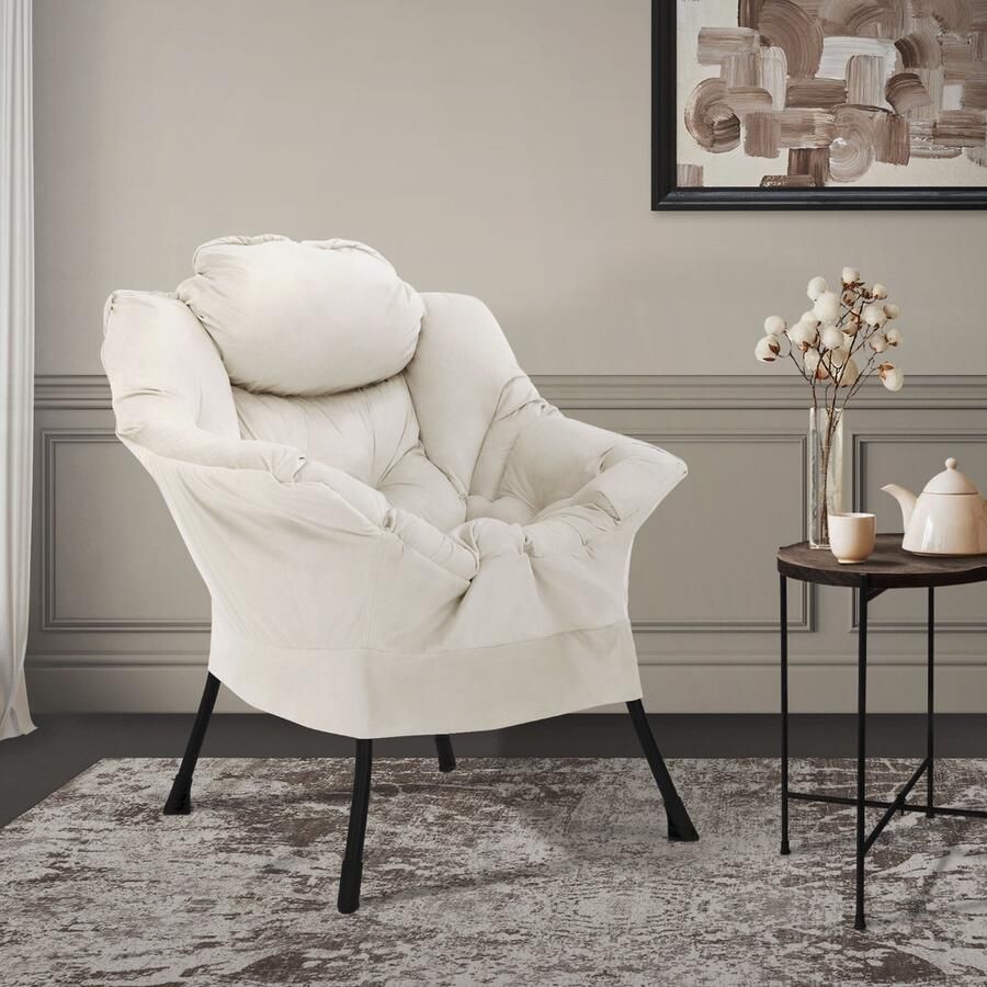 Ml-design Relaxfauteuil crème met armleuningen en dik hoofdkussen en metalen frame Loungestoel tot 120 kg - Foto 2