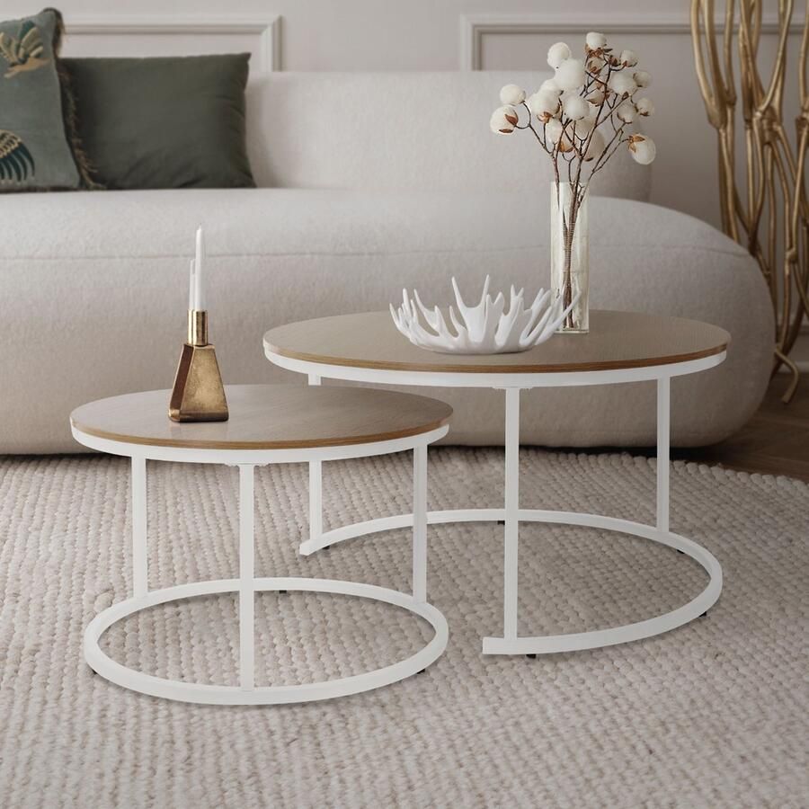 Ml-design Salontafel set van 2 wit hout decor met metalen frame