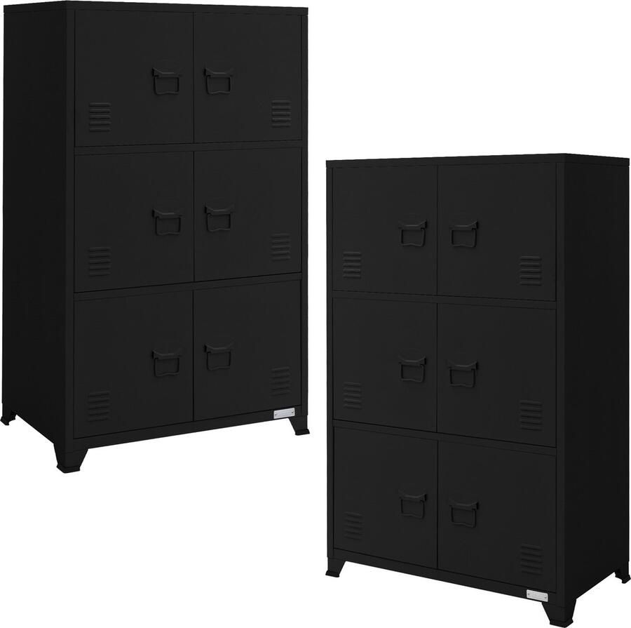 Ml-design set van 2 archiefkasten 75x40x120 cm zwart staal vrijstaande kantoorkast 4 poten metalen locker 6 deuren 3 compartimenten industrieel opbergkast stalen kast metalen kast opbergkast