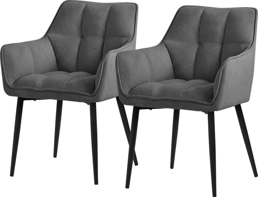 Ml-design eetkamerstoelen set van 2 gemaakt van badstof donkergrijs keukenstoel met dikke gestoffeerde zitting & metalen poten woonkamerstoel met rugleuning en armleuningen gestoffeerde stoel - Foto 2