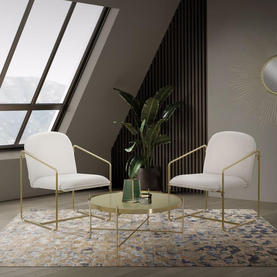 Ml-design Set van 2 fauteuils Beige met goudkleurig stalen frame Relax fauteuil met armleuning & rugleuning