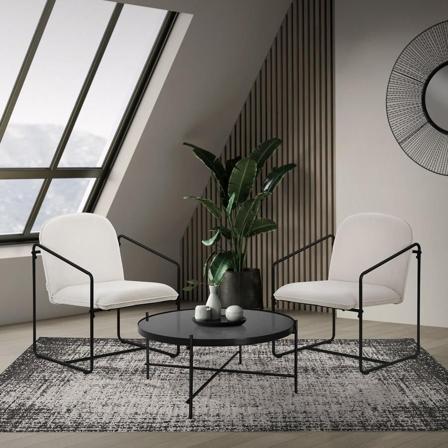 Ml-design Set van 2 fauteuils Beige met zwart stalen frame Relax fauteuil met armleuning & rugleuning