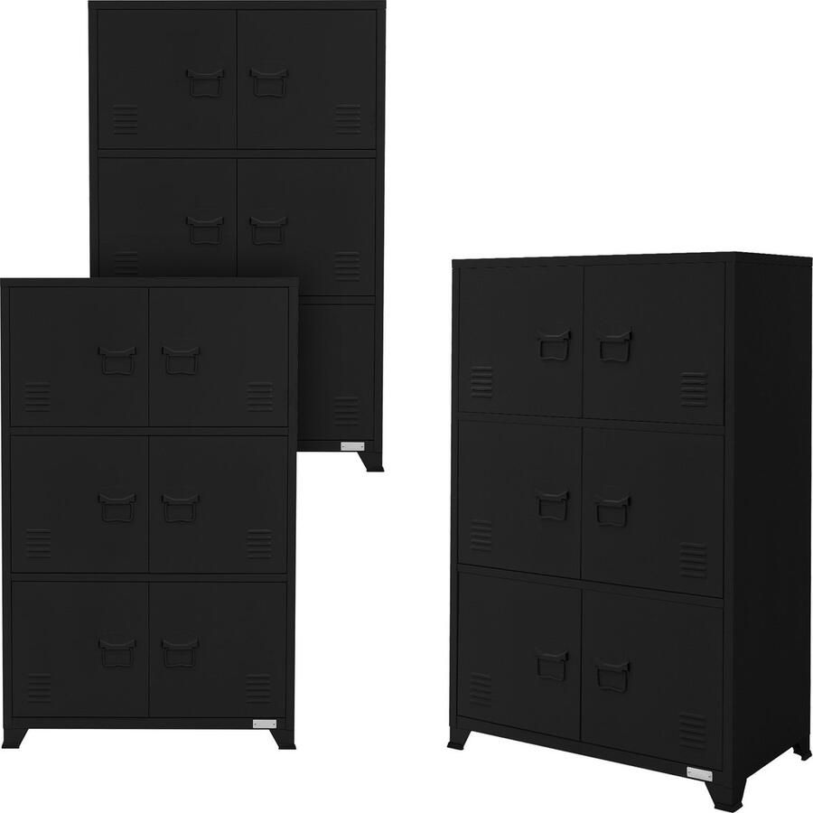 Ml-design set van 3 archiefkasten 75x40x120 cm zwart staal vrijstaande kantoorkast 4 poten metalen locker 6 deuren 3 compartimenten industrieel opbergkast stalen kast metalen kast opbergkast