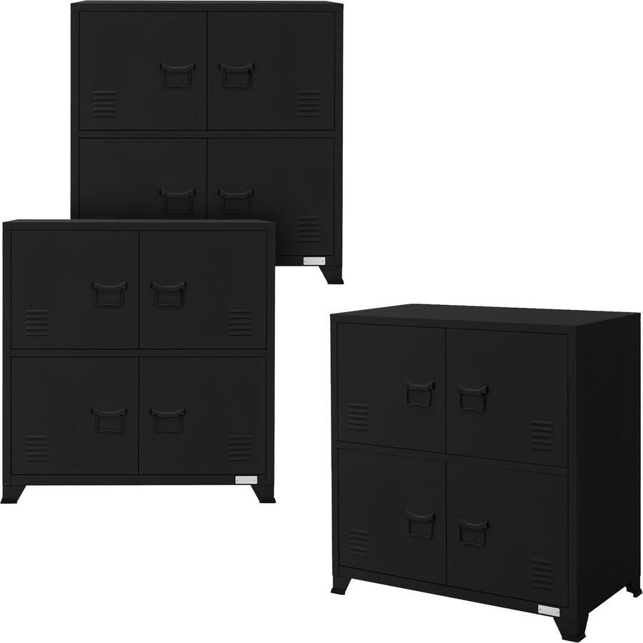 Ml-design set van 3 archiefkasten 75x40x80 5 cm zwart staal kantoorkast vrijstaand 4 poten metalen locker 4 deuren 2 compartimenten industrieel opbergkast stalen kast metalen kast opbergkast