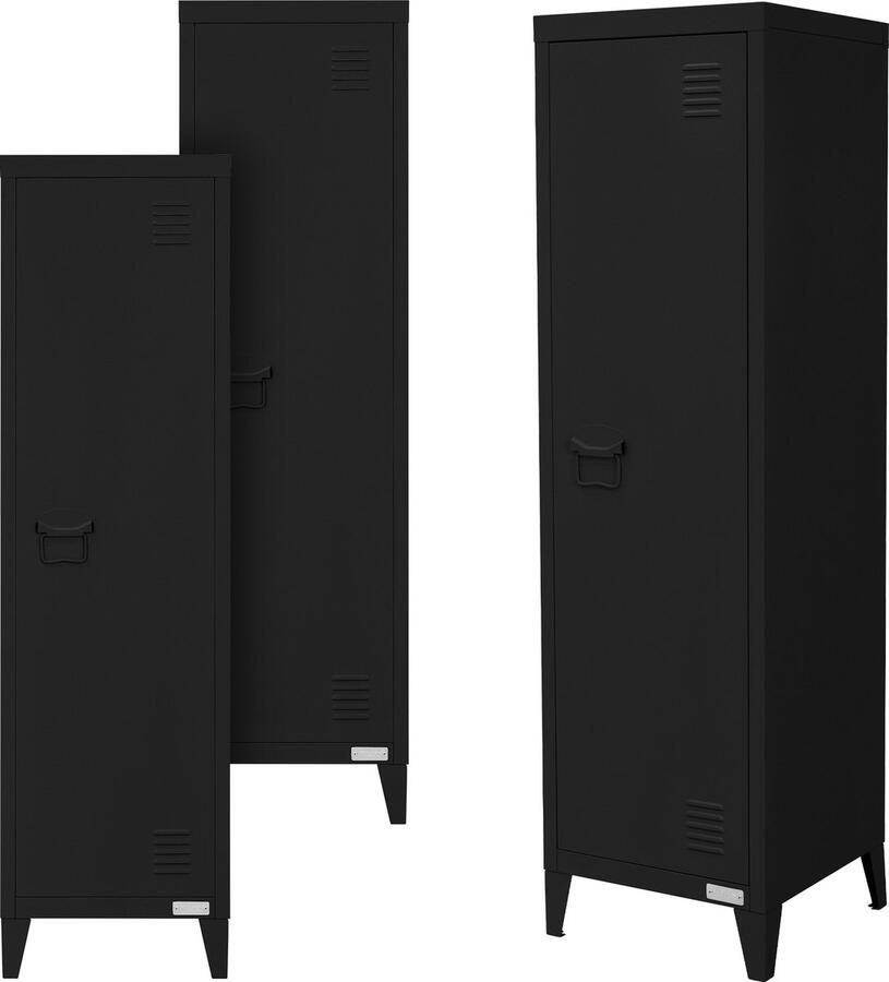 Ml-design set van 3 archiefkasten hoog 38x38x137 5 cm zwart staal kantoorkast vrijstaand 4 poten metalen locker enkele deur 3 binnenvakken opbergkast stalen kast metalen kast opbergkast