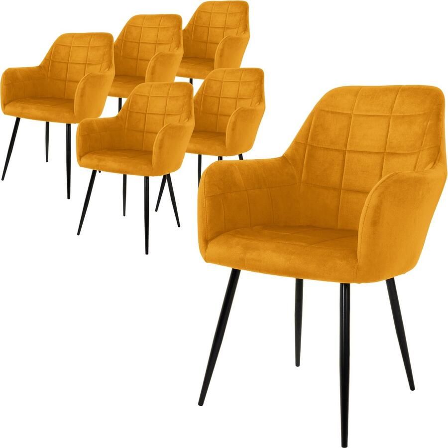 Ml-design ECD Germany Set van 6 eetkamerstoelen met rugleuning en armleuningen oker keukenstoelen met fluwelen bekleding en metalen poten ergonomische stoelen voor eettafel woonkamerstoelen eetkamerstoel
