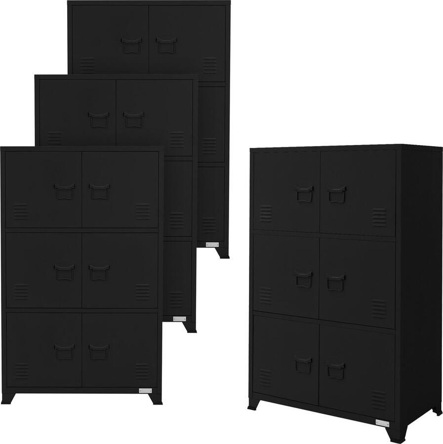 Ml-design set van 4 archiefkasten 75x40x120 cm zwart staal vrijstaande kantoorkast 4 poten metalen locker 6 deuren 3 compartimenten industrieel opbergkast stalen kast metalen kast opbergkast