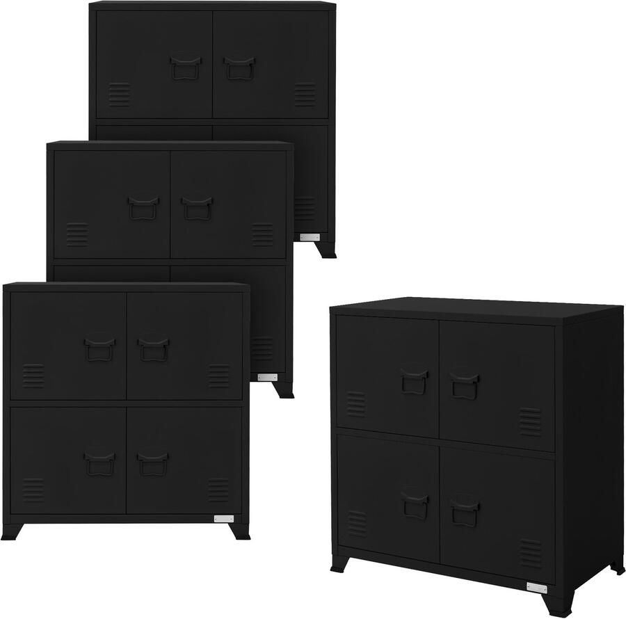 Ml-design set van 4 archiefkasten 75x40x80 5 cm zwart staal kantoorkast vrijstaand 4 poten metalen locker 4 deuren 2 compartimenten industrieel opbergkast stalen kast metalen kast opbergkast