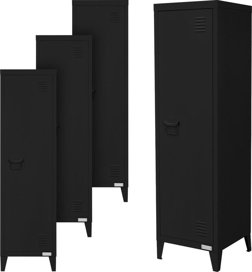 Ml-design set van 4 archiefkasten hoog 38x38x137 5 cm zwart staal kantoorkast vrijstaand 4 poten metalen locker enkele deur 3 binnenvakken opbergkast stalen kast metalen kast opbergkast