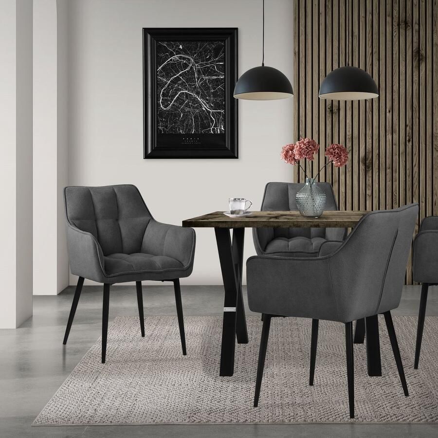 Ml-design eetkamerstoelen set van 4 gemaakt van badstof donkergrijs keukenstoel met dikke gestoffeerde zitting & metalen poten woonkamerstoel met rugleuning en armleuningen gestoffeerde stoel