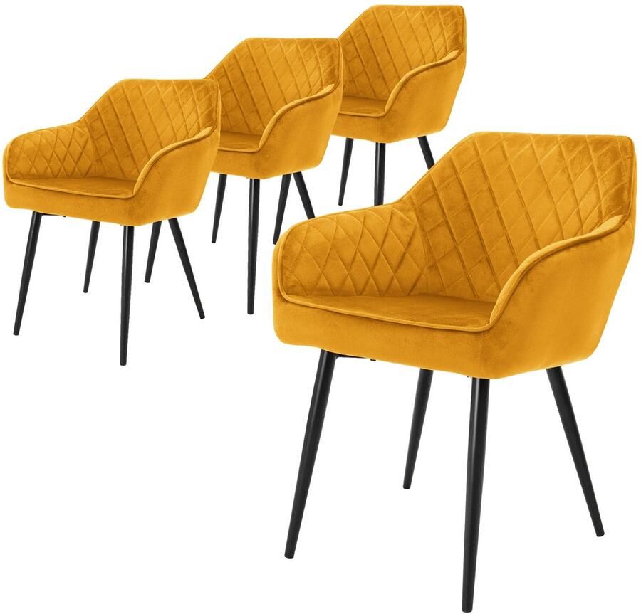 Ml-design Set van 4 Eetkamerstoelen met Armleuningen en Rugleuning Mosterdgeel Keukenstoel met Fluwelen Bekleding Gestoffeerde Stoel met Metalen Poten Ergonomische Stoel voor Eettafel Eetkamerstoel Woonkamerstoel
