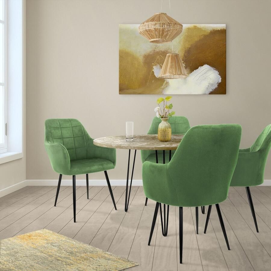 Ml-design ECD Germany Set van 4 Eetkamerstoelen met Rugleuning en Armleuningen Lichtgroen Keukenstoelen met Fluwelen Bekleding Gestoffeerde Stoelen met Metalen Poten Ergonomische Stoelen voor Eettafel Woonkamerstoelen Eetkamerstoel