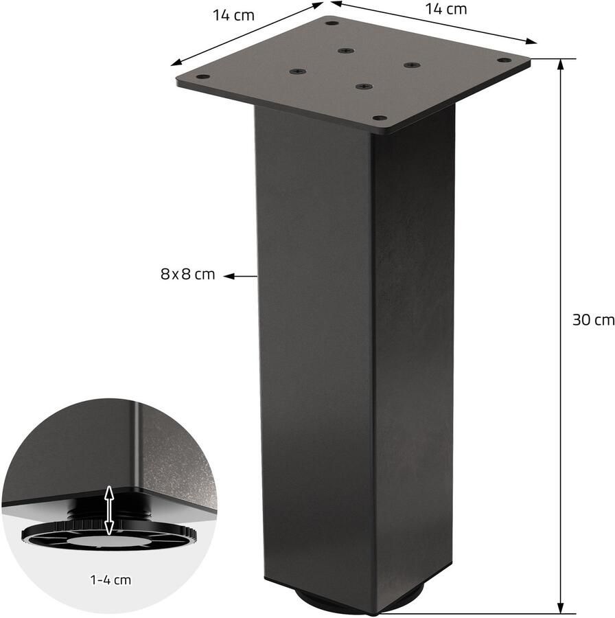 Ml-design Set van 4 tafelpoten I-Design 30 cm donkergrijze look industrieel staal met poedercoating hoekig profiel 8x8 cm in hoogte verstelbare meubelpoten 1-4 cm