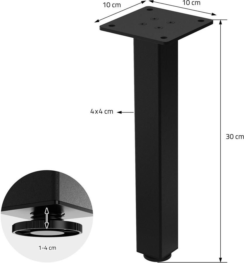 Ml-design Set van 4 tafelpoten I-Design 30 cm glanzend zwart gepoedercoat staal vierkant profiel 4x4 cm In hoogte verstelbare meubelpoten 1-4 cm