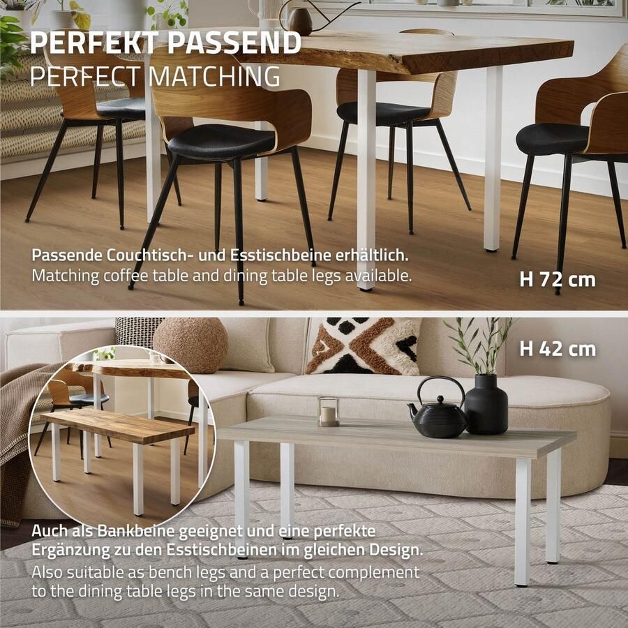 Ml-design Set van 4 tafelpoten I-Design 30 cm wit glanzend van gepoedercoat staal hoekprofiel 4x4 cm In hoogte verstelbare meubelpoten 1-4 cm