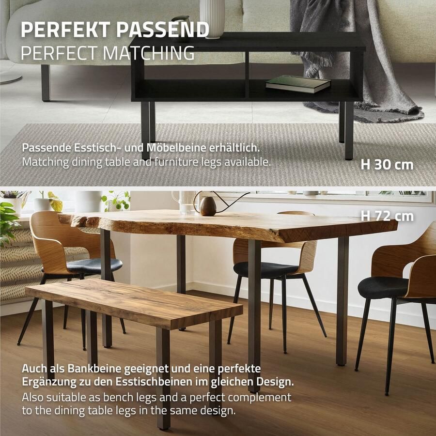 Ml-design Set van 4 tafelpoten I-Design 42 cm Donkergrijze look Industrieel staal met poedercoating hoekig profiel 4x4 cm In hoogte verstelbare meubelpoten 1-4 cm