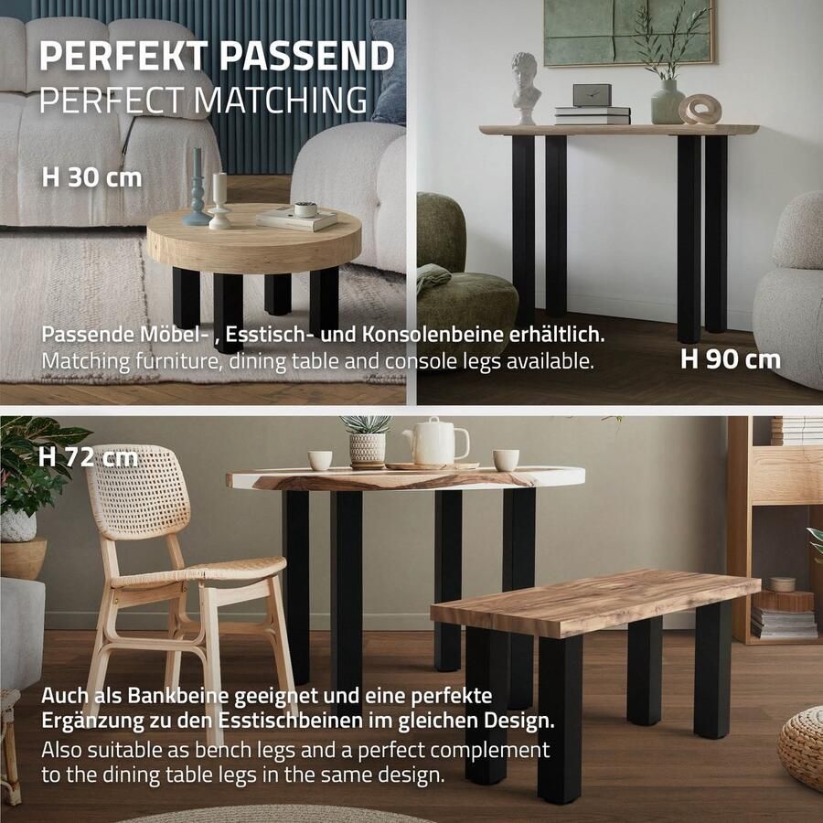 Ml-design Set van 4 tafelpoten I-Design 42 cm glanzend zwart gepoedercoat staal vierkant profiel 8x8 cm In hoogte verstelbare meubelpoten 1-4 cm